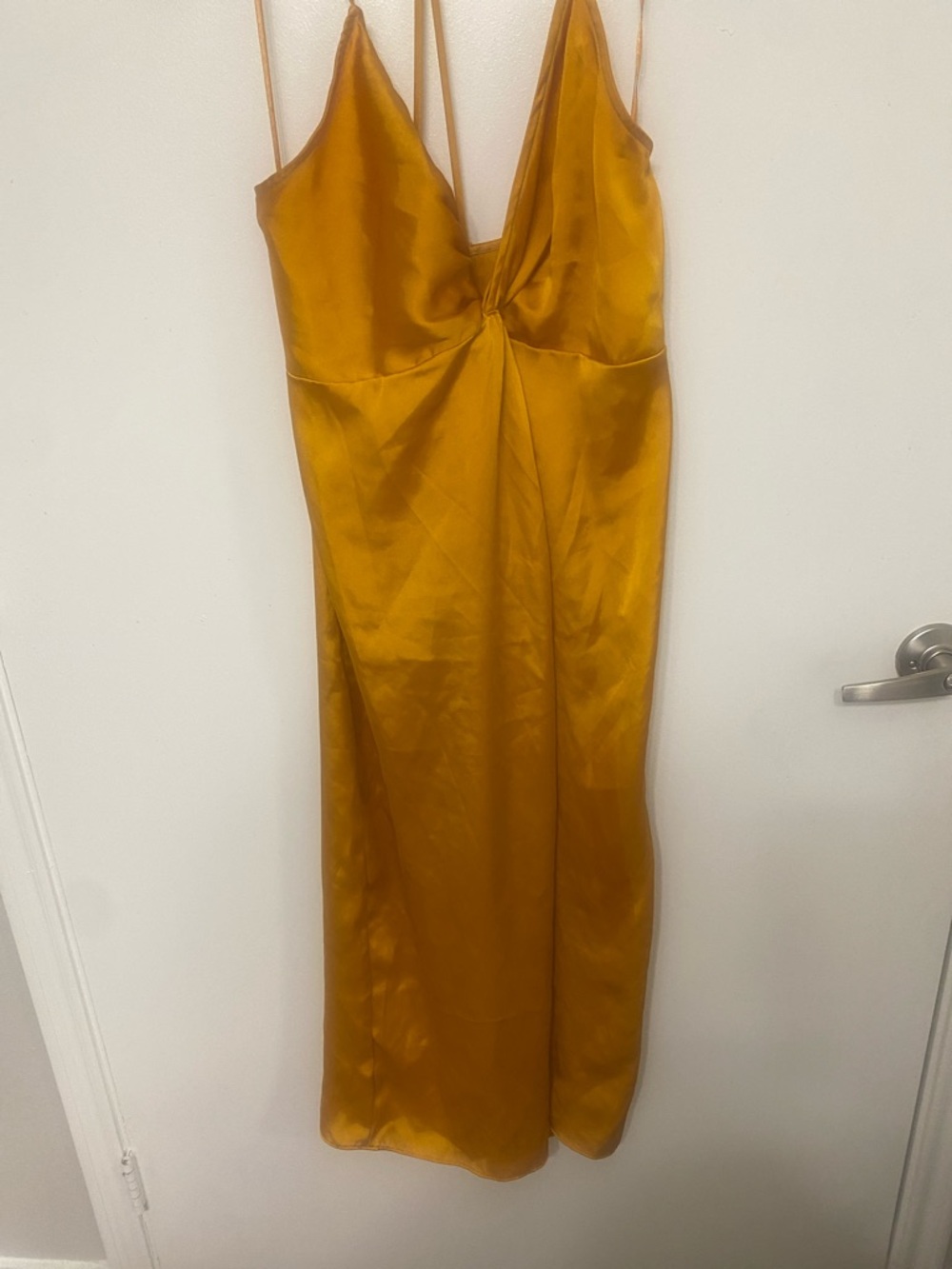 Express Satin Twist-Front Midi Dress in Mustard Gold